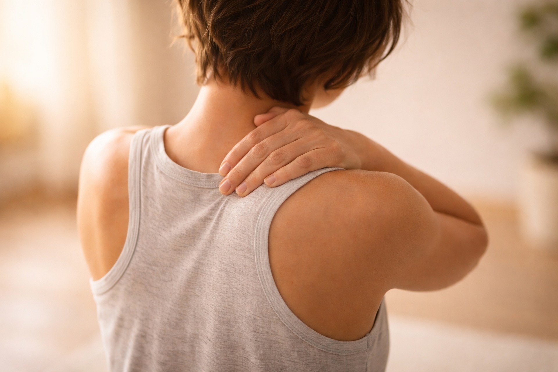 Adult experiencing shoulder and upper back discomfort
